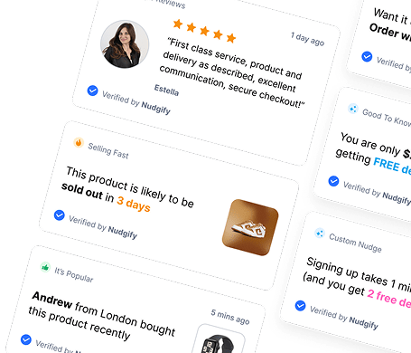 Nudgify social proof notification types including customer reviews low stock alerts recent purchases and free delivery nudges